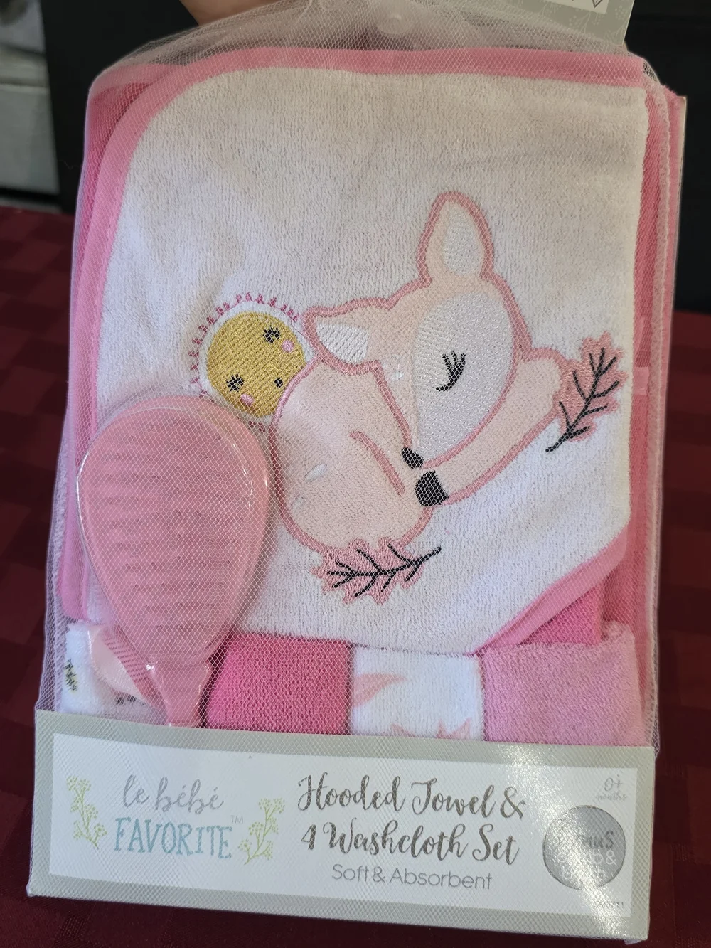 Le Be Be Hooded Towel & 4 Washcloth Set Pink Deer Sun Wood Outdoor NWT 2021 Set